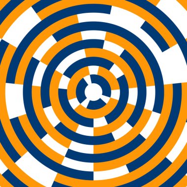 Op sanat vektör tasarımı dairesel bir çerçevede dönen hareketin illüzyonu. Soyut güneş patlaması çizgili arka plan. Vektör sanat optik illüzyon dalgalı çizgi deseni Mavi ve turuncu çizgili daire arka plan