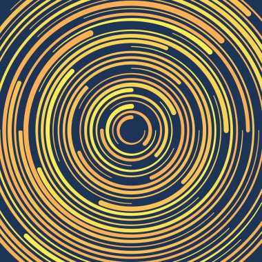 Turuncu ve sarı çember çizgileri olan mavi soyut arka plan girdabı. Teknoloji yüksek teknolojili geleceksel şablon. Vektör illüstrasyonu.