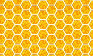 Sarı turuncu arı kovanı arka planı. Bal peteği mozaik arılar kovan hücreleri deseni. Arı bal şekilleri. Vektör geometrik dikişsiz doku sembolü. Altıgen raster, mozaik hücre işareti veya simge.