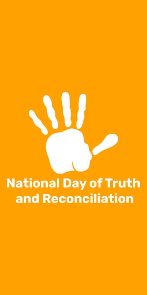 Background National day of truth and reconciliation. White palm on orange banner