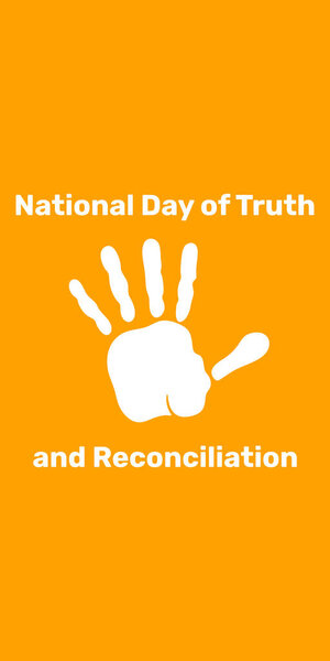 Background National day of truth and reconciliation. White palm on orange banner