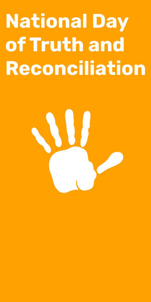 Background National day of truth and reconciliation. White palm on orange banner
