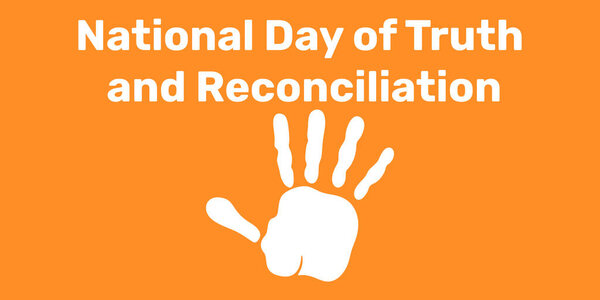 Background National day of truth and reconciliation. White palm on orange banner