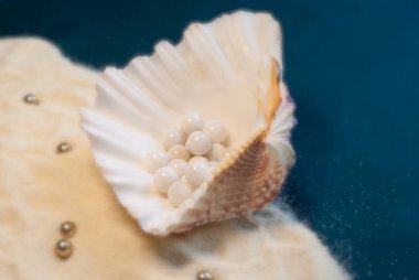 Kum üzerinde büyük deniz kabuğu ve altın boncuklu mavi arka plan. Yaz havası