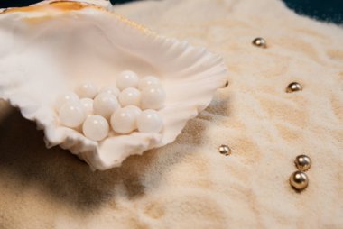 Kum üzerinde büyük deniz kabuğu ve altın boncuklu mavi arka plan. Yaz havası