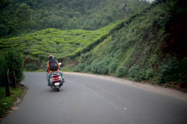 Arkadan bir çiftin, dağlardaki çay tarlalarından geçen eski asfalt bir yolda scooter veya motosikletle sürüşünü görüyoruz.