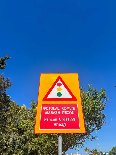 Kıbrıs, Paphos 'ta Pelikan sınır işareti. Yolun her iki tarafında yayalar için bir düğme var. Ona basmak trafik ışıklarını harekete geçirir, trafiği durdurur ve yayaların güvenli bir şekilde geçmesine izin verir..
