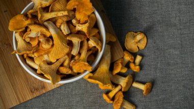 Bir kâse dolusu taze mantar ya da Cantharellus. Kase, mutfak havlusu ve birkaç küçük mantarla birlikte tahta bir kesim tahtasının üzerinde. Yemek hazırlamak için vahşi mantar hasadı