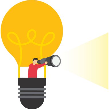 Yeni iş fırsatı, fikir veya ilham arayışı, iş vizyonu, meydan okuma veya başarı konsepti, dürbün veya teleskop kullanarak vizyon arayan iş adamı ampulü balonuna binmek.