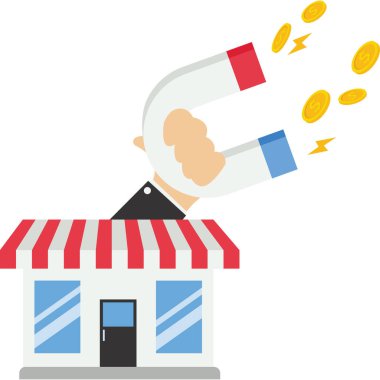 Elinde mıknatıs olan bir mağaza ve bir sürü altın para çeker..