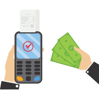 Ödeme yöntemi, NFC POS terminali teknolojisi ve nakit ödeme kullanarak banka kartıyla nakit olmayan ödeme. El ele tutuşup telefon edin. Nakit para ve kartla. Vektör illüstrasyonu.