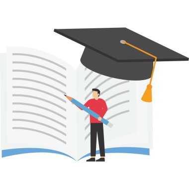 Minik Erkek Karakteri, Büyük Kitap 'ın önünde okuyor ve düşünüyor. Öğrenciler Kütüphanede ya da Sınav Sınavına Hazırlık Yapar. Çizgi film İnsanları Vektör İllüstrasyonu