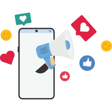 İnternet benzeri, mutlu sosyal medya, uzaktan kumandadan olumlu geri bildirim gibi. Pozitif başparmaklı megafon sembolleri.
