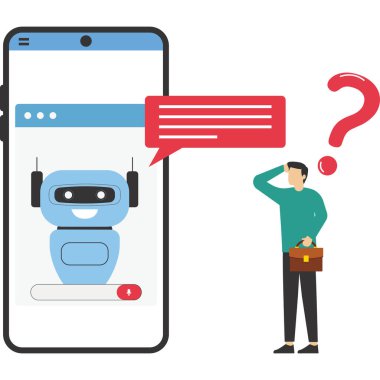 Yapay zeka. Soruları cevaplamak için yapay zeka teknolojisini kullanan karakterler. Sinirsel ağ ve sohbet robotu konsepti. Vektör illüstrasyonu.