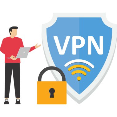 VPN yazılımı veya eklentisi. Güvenli internet bağlantısı için uygulama, veri şifreleme. Güvenlik protokolü. Sanal Özel Ağ, iniş sayfası şablonu. Kullanıcı veya çalışan dizüstü bilgisayar kullanır. Vektör
