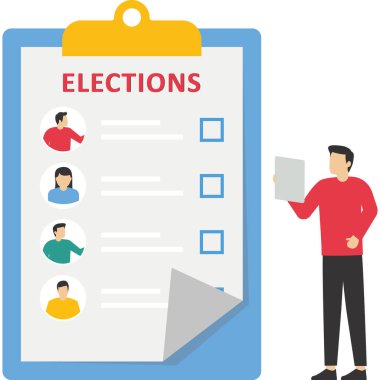 Seçimlerde oy pusulası olan erkek karakter. Adayların bilgilerinin yazılı olduğu kâğıt. Referandum, insan hakları, demokrasi kavramı. Düz vektör illüstrasyonu