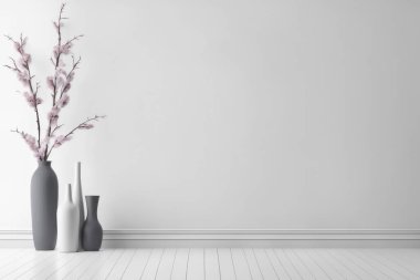 Beyaz arka plan, ev dekorasyonu, iç dekorasyon, çiçek arka planlı modern beyaz oda..