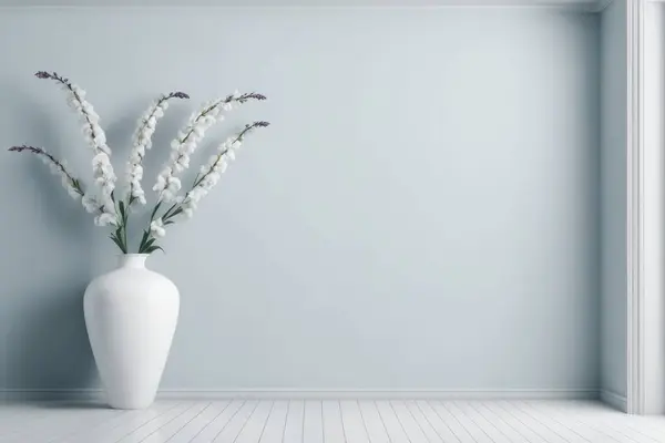 Beyaz arka plan, ev dekorasyonu, iç dekorasyon, çiçek arka planlı modern beyaz oda..