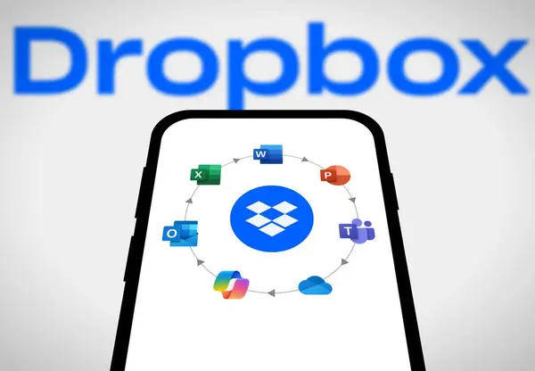 stock image Chittagong, Bangladesh- 21 August 2024: Dropbox and Microsoft Office 365 Integration - Dropbox is displayed on smartphone