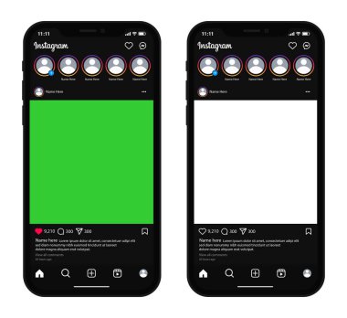 Instagram ekran modelleme seti. Instagram sosyal medya şablonu ve arayüz şablonu. Instagram Sosyal Medya Vektörü Mockup. Ana sayfa şablonu, Düzenleyici vektör dosyası ile şablon