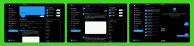 X / Twitter UI ekran modelleme seti. Web sitesi X sosyal medya şablonu ve arayüz şablonu. Tüm sayfa şablonu, düzenleyici vektör dosyasına sahip X Sosyal Medya UI Vektör Mockup Şablonu