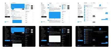 X / Twitter UI ekran modelleme seti. Web sitesi X sosyal medya şablonu ve arayüz şablonu. Tüm sayfa şablonu, düzenleyici vektör dosyasına sahip X Sosyal Medya UI Vektör Mockup Şablonu
