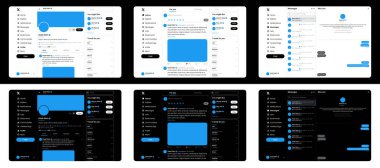 X / Twitter UI ekran modelleme seti. Web sitesi X sosyal medya şablonu ve arayüz şablonu. Tüm sayfa şablonu, düzenleyici vektör dosyasına sahip X Sosyal Medya UI Vektör Mockup Şablonu