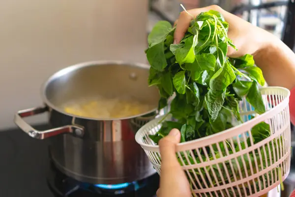 stock image A woman is blanching or cooking spinach in a pot on a stove. She is holding a basket of spinach in her hand