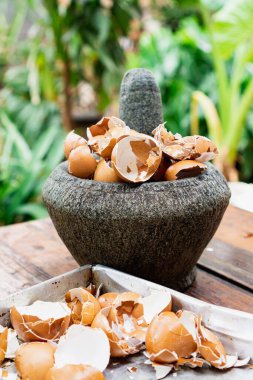 Yumurta kabuğu kabuk ve harçla eziliyor.