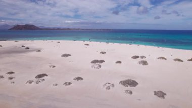 Dinamik hava çekimi Fuerteventura 'daki deniz paraşütü aktivitesiyle çarpıcı kıyı manzarasını gösteriyor. Görüntü, yapısal aktivite ve engebeli arazi arasındaki zıtlığı, seyahat, macera ve yaşam tarzı fotoğrafçılığı için ideal olanı yakalar.. 