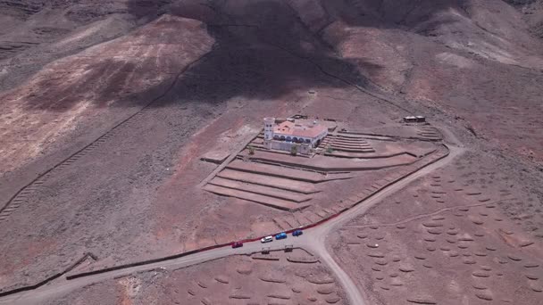 Photo aérienne dynamique montrant les magnifiques environs désertiques de Villa Winter, un site historique lié à la Seconde Guerre mondiale et à l'ingénieur nazi Winter, à Cofete, Fuerteventura. L'image capture le contraste entre la villa structurée et le terrain accidenté.