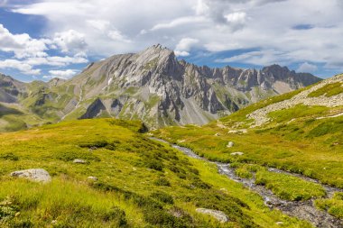 Chamonix Montblanc güzel alp dağları manzara oluşturur. Fransa 'nın yeşil Chamonix vadisinde kar ve buzulla kaplı Alpler dağları. Yazın güzel Alpler manzarası