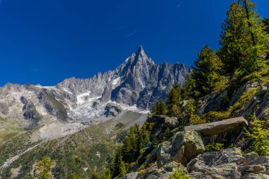 Chamonix Montblanc güzel alp dağları manzara oluşturur. Fransa 'nın yeşil Chamonix vadisinde kar ve buzulla kaplı Alpler dağları. Yazın güzel Alpler manzarası