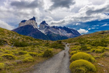 Torres del Paine dağları Şili 'deki Patagonya And Dağları ulusal parkı. Güney Amerika dağ manzarası. Güneşli bir günde, Los Cuernos, Torres del Paine ve Paine Grande göl kıyısında tepeler.