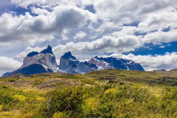 Torres del Paine dağları Şili 'deki Patagonya And Dağları ulusal parkı. Güney Amerika dağ manzarası. Güneşli bir günde, Los Cuernos, Torres del Paine ve Paine Grande göl kıyısında tepeler.