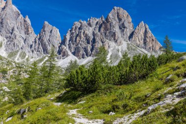 Dolomiti Alpleri güzel dağ manzarası. Dolomitlerde Rocky kulesi zirveleri. Yeşil dağ vadisindeki yürüyüş yolunda yaz manzarası ve bulutlu mavi gökyüzü.