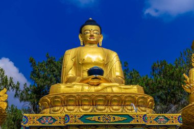 Nepal 'deki Buda heykeli. Nepal, Asya 'nın kutsal tapınağındaki Altın Buda dini heykeli. Kırmızı çiçeklerle süslenmiş altın Buda heykeli huzur ve sükunet anlamına gelir.