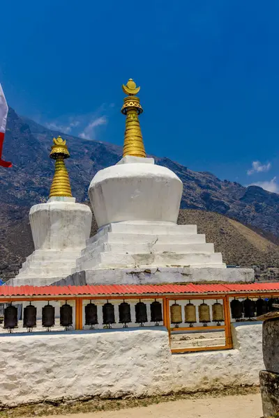 stock image Stupa with Buddha eyes in Nepal. Religious building of buddhism pagoda in the high Himalaya mountains and Kathmandu capital city. Sacred place of Buddhism with prayer flags in beautiful peaceful place