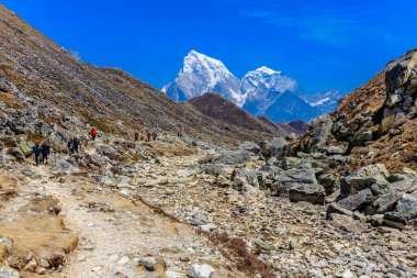 Himalaya dağları yüksek rakımlı kar ve buzul zirveleriyle kaplı. Nepal 'deki Everest Merkez Kampı Solo Khumbu yürüyüş bölgesi. Güzel Himalayalar. Mavi gökyüzünün altında sekiz bin dolarlık bir zirve.