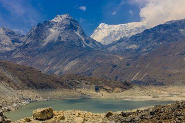 Himalaya dağları yüksek rakımlı kar ve buzul zirveleriyle kaplı. Nepal 'deki Everest Merkez Kampı Solo Khumbu yürüyüş bölgesi. Güzel Himalayalar. Mavi gökyüzünün altında sekiz bin dolarlık bir zirve.