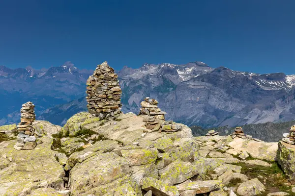 Stock image Tour du Montblanc beautiful mountain ladscapes of the Alps green valley, snow summit of Montblanc and rocky peaks of Aiguille du Midi in summer sunny weather blue sky, trekking and hiking in Chamonix