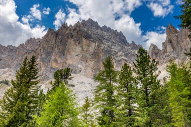 Dolomitler dağları, Alpi Dolomiti yazın güzel manzarası. Cortina 'd' Amprezzo yakınlarındaki Alp Dağları zirveleri ve yeşil vadi dağlarının tepeleri.