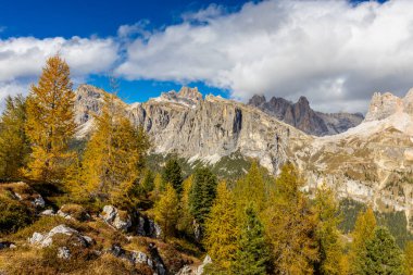 Dolomitler dağları, Alpi Dolomiti yazın güzel manzarası. Cortina 'd' Amprezzo yakınlarındaki Alp Dağları zirveleri ve yeşil vadi dağlarının tepeleri.