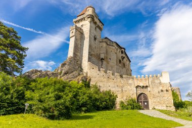 Medieval castle Burg Liechtenstein in Vienna, Austria. Ancient fortress with high stone walls in the middle of green grass meadow clipart