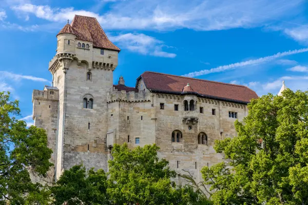 Avusturya, Viyana 'daki Ortaçağ şatosu Burg Lihtenştayn. Yeşil çayırların ortasında yüksek taş duvarları olan antik bir kale.