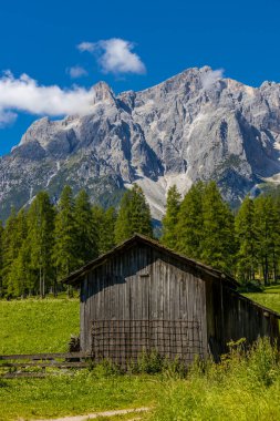 Dolomitler, Alpi Dolomiti yazın mavi gökyüzünün altında güzel manzaralı dağ manzarası. Güneşli bir günde Alpler 'in tepelerinde Rocky kulesi zirveleri. İtalya 'da kayalıkların ve tırmanan duvarların manzarası.