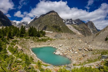 Fransa 'nın Chamonix vadisindeki Alpler' in dağ manzarası. Yazın Alp manzarası güneşli hava Tour du Montblanc, TMB yürüyüş rotası