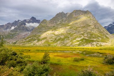 Fransa 'nın Chamonix vadisindeki Alpler' in dağ manzarası. Yazın Alp manzarası güneşli hava Tour du Montblanc, TMB yürüyüş rotası