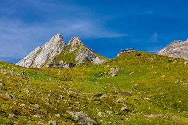 Fransa 'nın Chamonix vadisindeki Alpler' in dağ manzarası. Yazın Alp manzarası güneşli hava Tour du Montblanc, TMB yürüyüş rotası