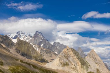 Fransa 'nın Chamonix vadisindeki Alpler' in dağ manzarası. Yazın Alp manzarası güneşli hava Tour du Montblanc, TMB yürüyüş rotası